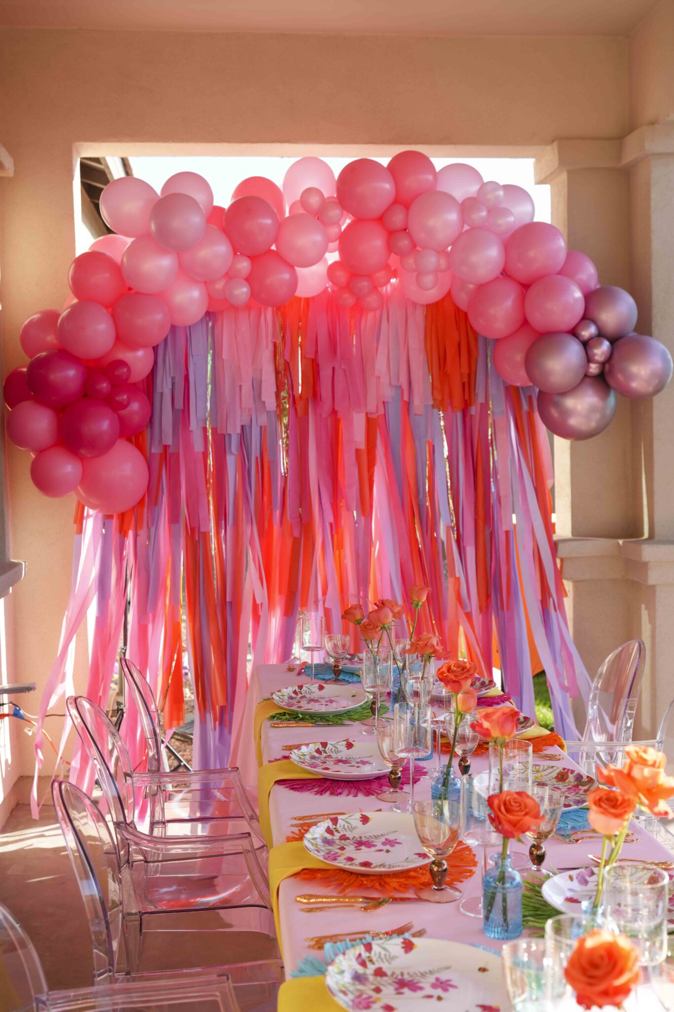 Balloon garland installed on a staircase